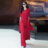 宽松阔腿裤 上衣套装 显瘦两件套 高级感醋酸人丝V领中长款 复古大码