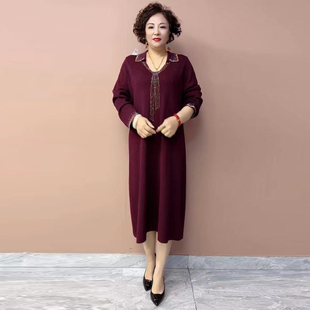 羊毛针织连衣裙中长款2025秋冬翻领气质妈妈毛衣裙子过膝打底裙子