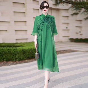 2025夏季新款改良旗袍连衣裙新中式复古国潮风重工绣花妈妈中长裙