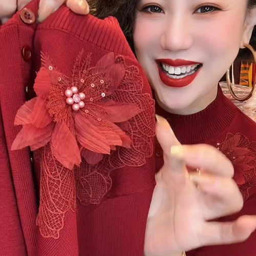 高品质！立体网纱花朵针织焦麻衫