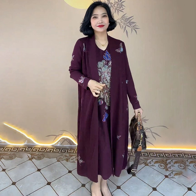 重工烫钻针织连衣裙妈妈开衫外套