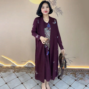 妈妈婚宴重工V领烫钻弹力显瘦连衣裙半袖冰麻针织外套开衫两件套