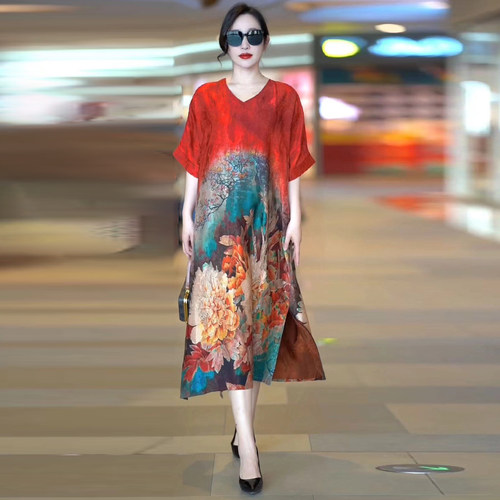 加肥加大码200斤妈妈真丝连衣裙