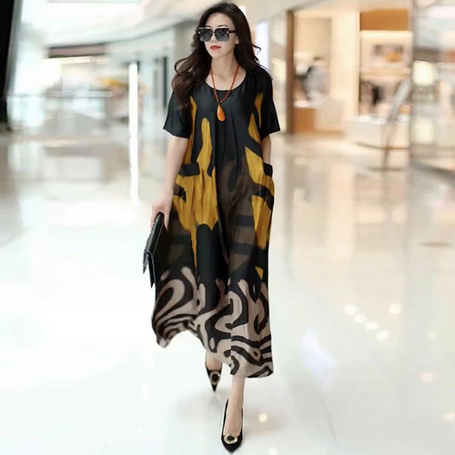 欧洲站A字版醋酸真丝民族风长裙