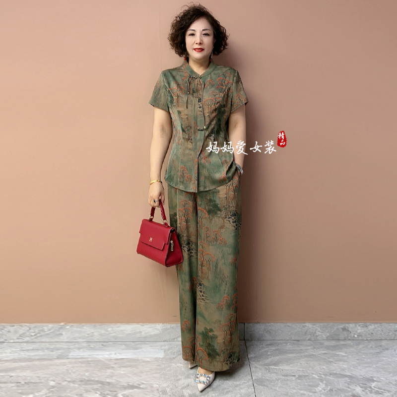 新中式妈妈盘扣衬衫两件套2025夏装洋气高贵真丝上衣阔腿裤套装女