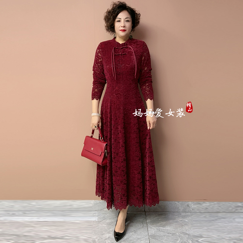 秋冬植绒烧花妈妈连衣裙打底裙子