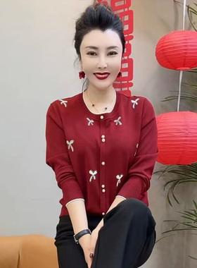 早春重工减龄撞色蝴蝶结针织焦麻小衫女春秋洋气大码女装时尚上衣