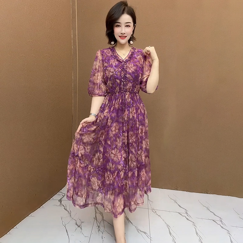 高品质!度假风V领台湾纱连衣裙