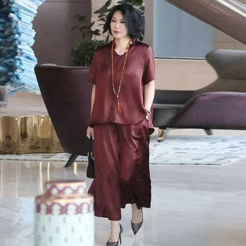 高端真丝提花大码200斤妈妈套装