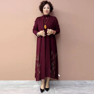 高端气质妈妈裙子外套2025秋冬婚宴喜婆婆烫钻连衣裙显瘦两件套女