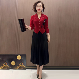 小香风褶皱连衣裙女中长款收腰显瘦气质妈妈春秋长袖假两件百褶裙