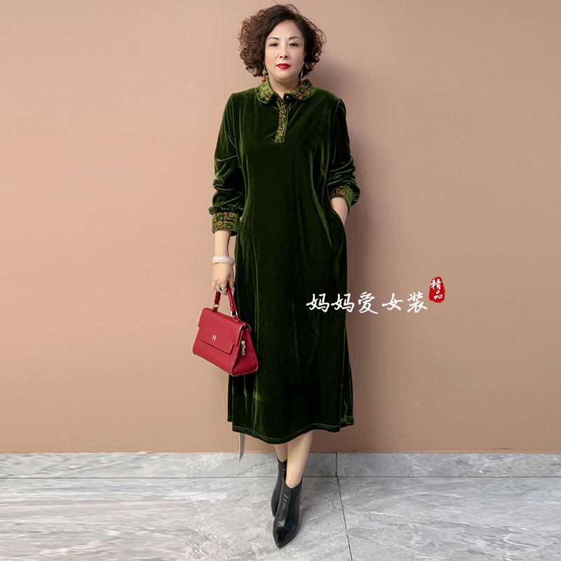 重工刺绣妈妈连衣裙丝绒打底长裙