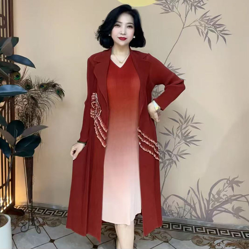 气质妈妈褶皱假两件连衣裙长裙子