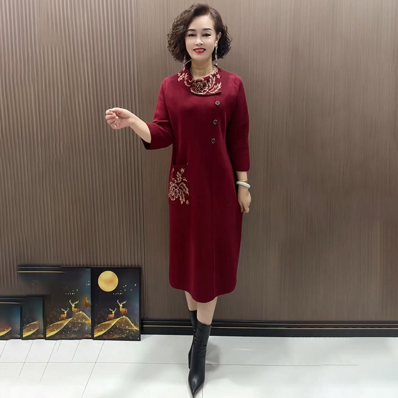 羊毛提花针织裙妈妈毛衣打底长裙