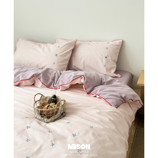 悠然紫星星刺绣秋冬全棉磨毛四件套简约条纹纯棉床单床笠款4件套