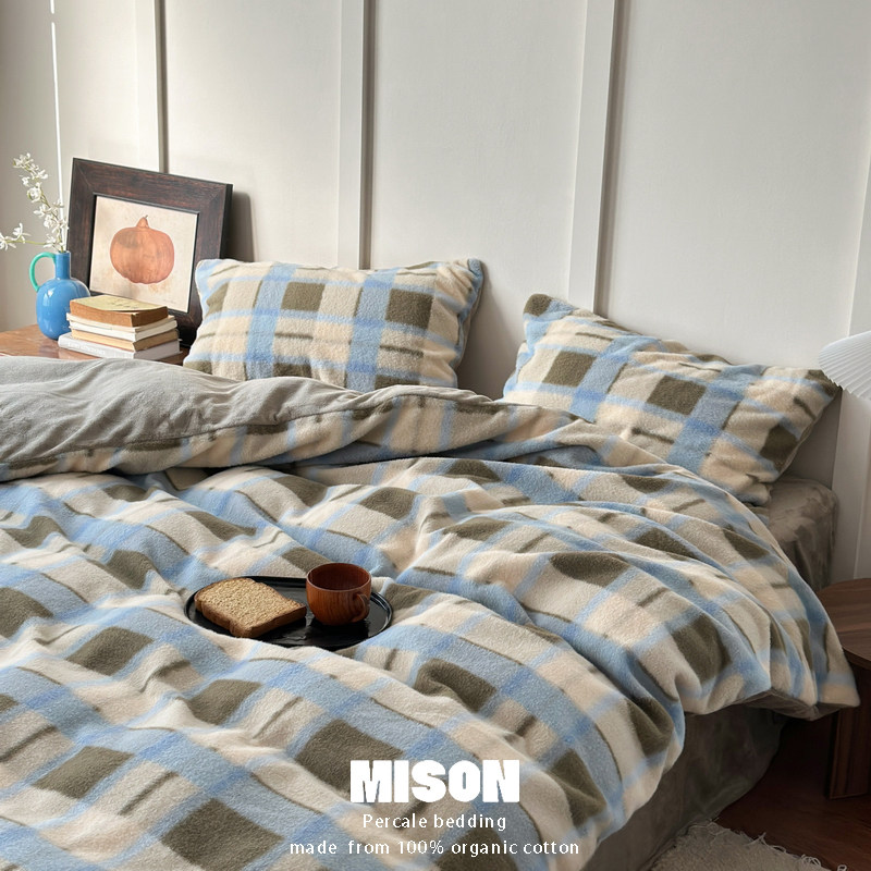 弥生家居曲奇蓝格多莉羊绒床上四件套 加厚保暖秋冬款宝宝绒4件套