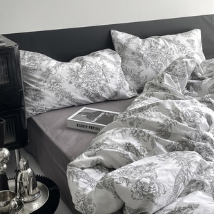 Morning黑法式小碎花全棉四件套ins纯棉床单床笠款床上用品三件套