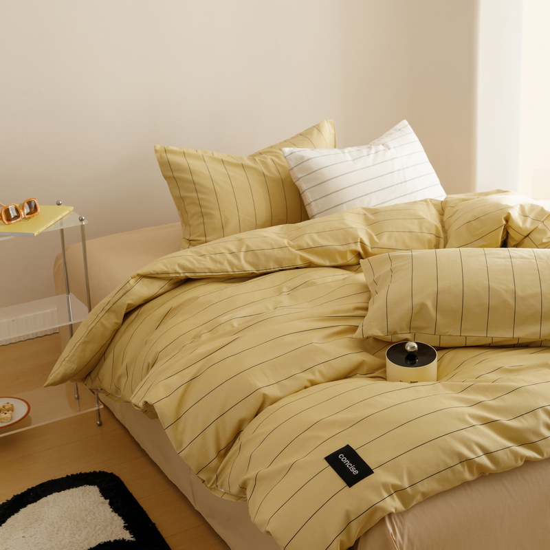 偏爱黄条纹全棉四件套纯棉床单床笠款床上4件套单人三件套ins简约