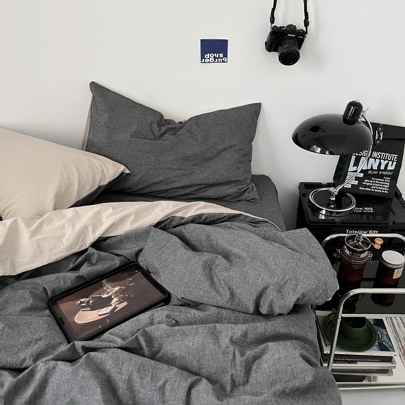 Karst灰色 水洗棉四件套简约双拼全棉纯棉床单床笠床上用品三件套