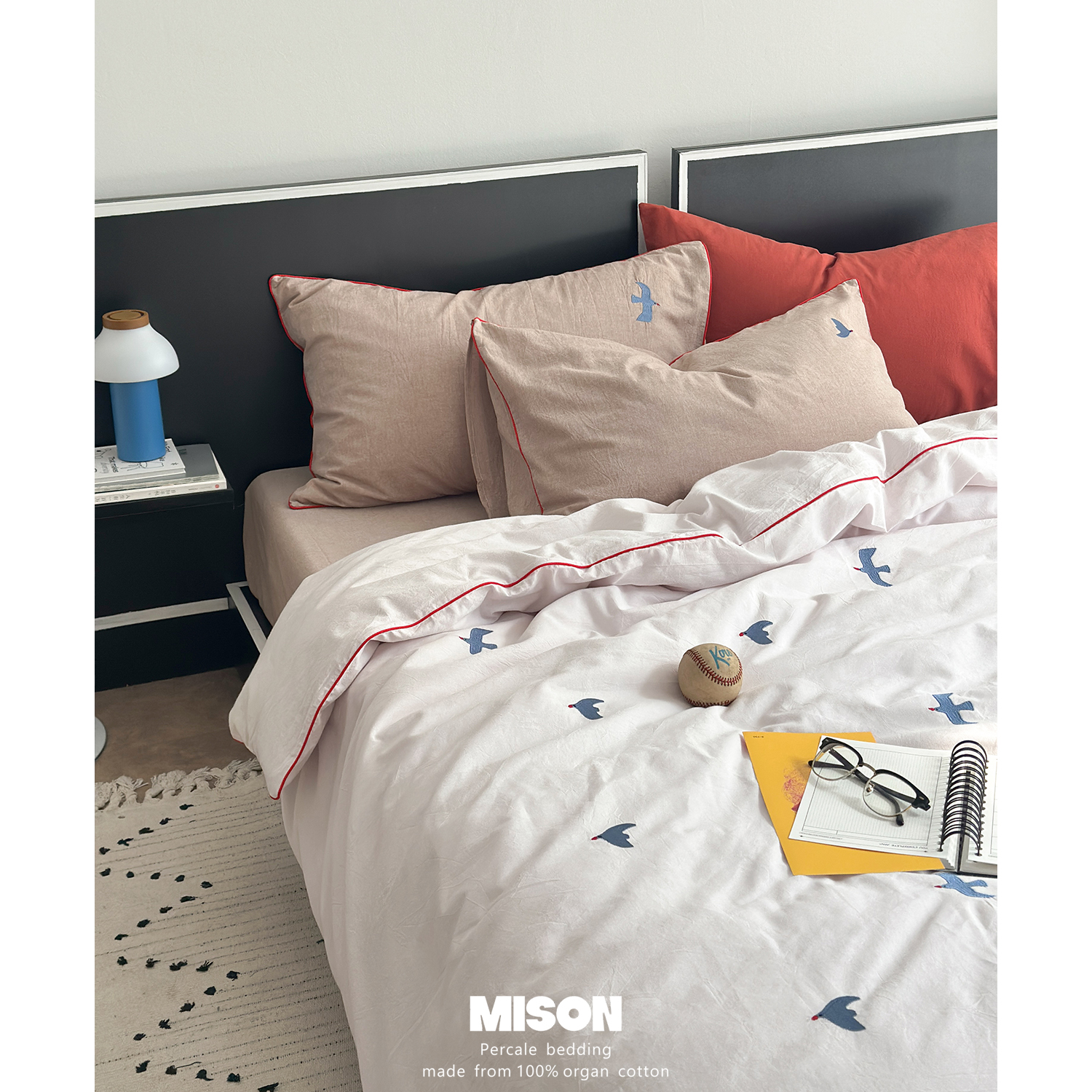 弥生mison飞鸟刺绣撞色滚边全棉四件套纯棉床单床笠4件套原创设计