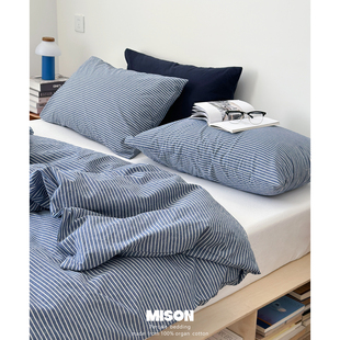 弥生mison侘寂风北欧INS风牛仔蓝色条纹色织水洗棉100全棉四件套