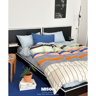 蓝调海港全棉床上用品四件套 纯棉床单床笠款4件套北欧简约包豪斯