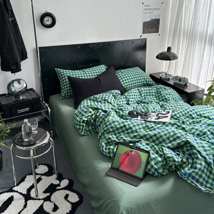 布拉达格子水洗棉四件套全棉纯棉床单床笠款床上用品4件套ins简约