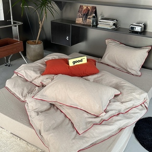 Berlin简约双层密拷边水洗棉床上四件套 全棉纯棉床单床笠款纯色