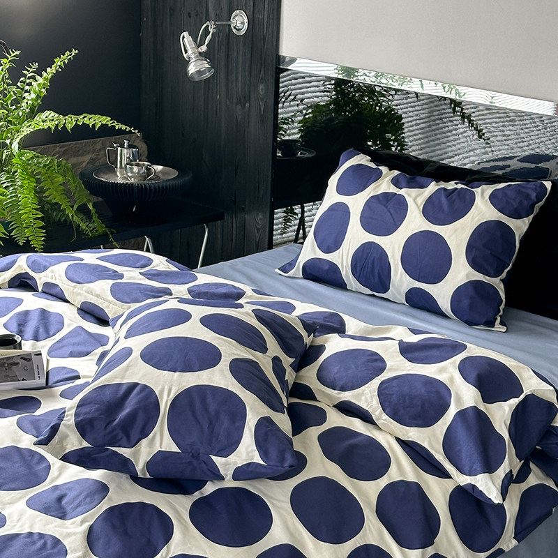 蓝调圆舞曲波点全棉床上四件套 纯棉床单床笠款单人三件套ins简约,床上用品,床品套件/四件套/多件套,淘宝优惠券,粉丝福利购,淘宝优惠卷