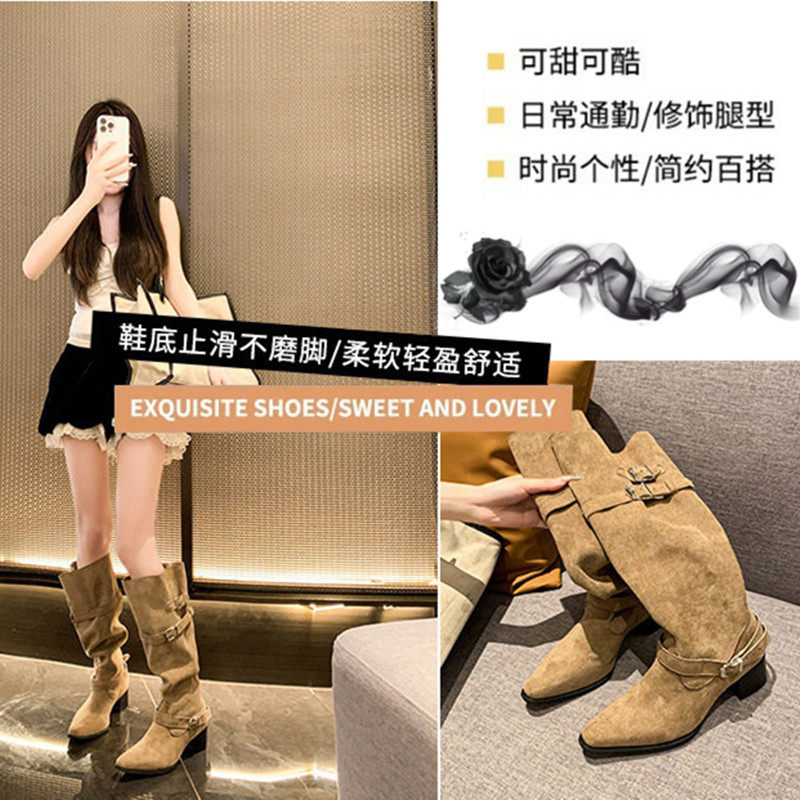 巴黎粗跟骑士靴子女2025秋冬厚底高筒小个子显瘦堆堆不过膝长筒靴,女鞋,骑士靴,淘宝优惠券,粉丝福利购,淘宝优惠卷