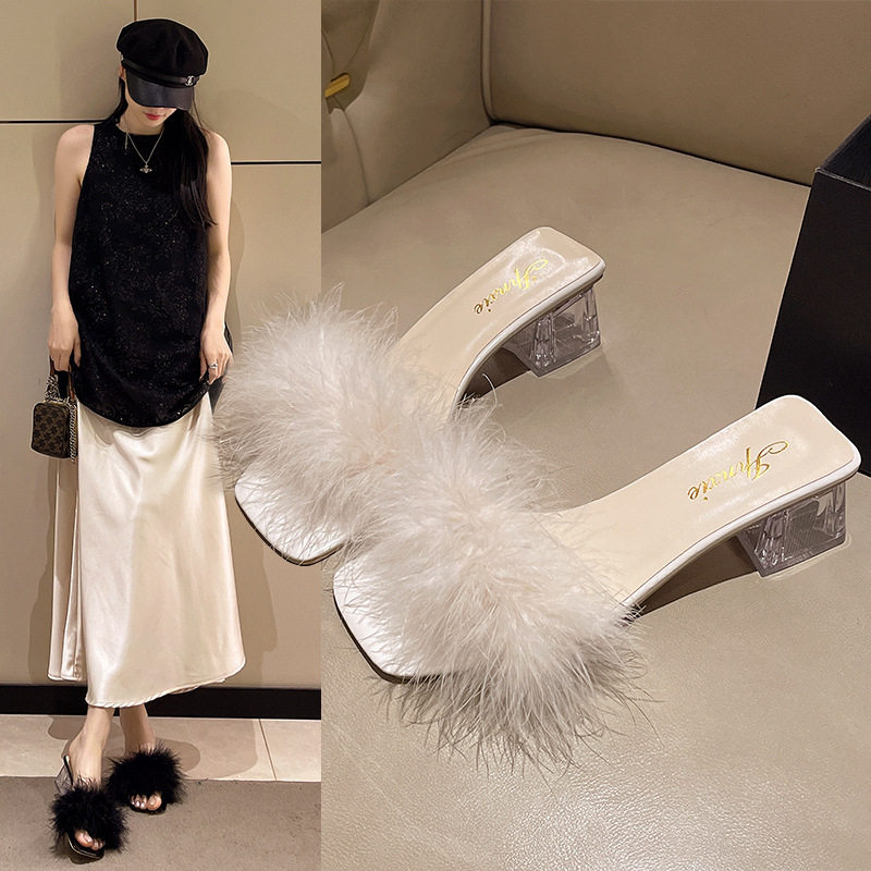 高跟拖鞋女夏外穿2025年新款仙女风毛毛拖鞋网红粗跟一字拖凉鞋女,女鞋,一字拖,淘宝优惠券,粉丝福利购,淘宝优惠卷