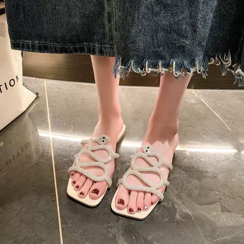 夏季蛇形H水钻一字平底女拖鞋