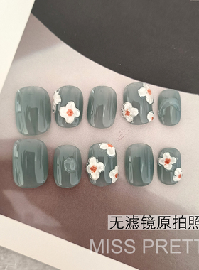 穿戴甲纯手工手绘冰透蓝简约短款