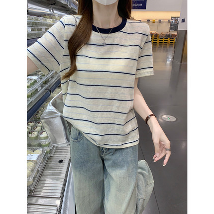 清新轻薄短袖t恤女装2026夏新款设计感简约美式条纹韩系休闲上衣