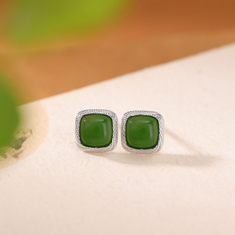 小众设计S925纯银和田玉碧玉麦穗小方糖轻奢高级感小清新款耳钉女
