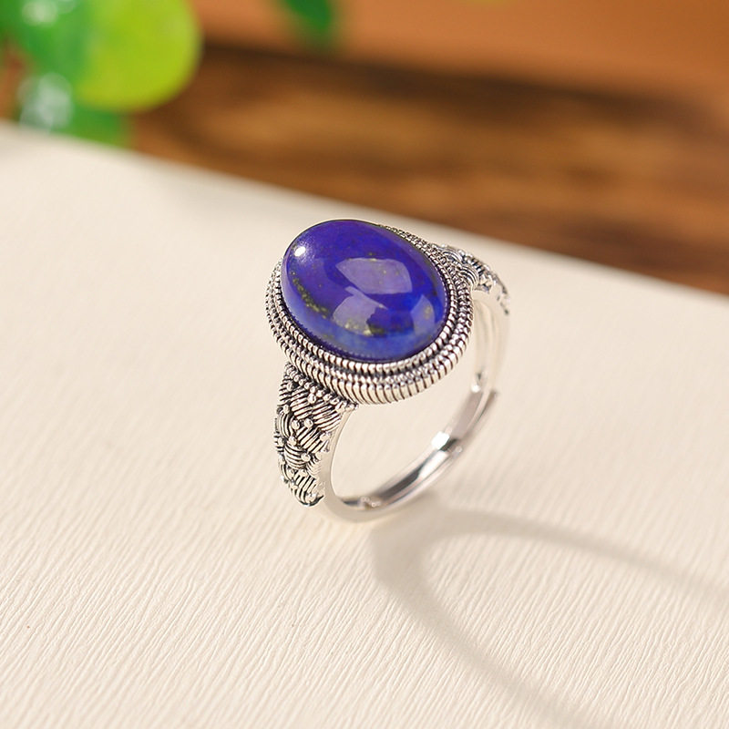 高端S925纯银青金石复古做旧国风编织花纹蛋面戒指民族风银指环女