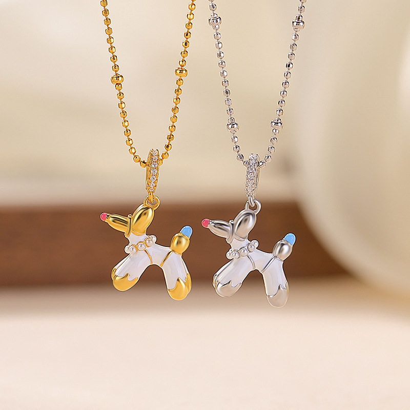 新款S925纯银镀金可爱气球狗吊坠小众设计感简约卡通锁骨链项链女