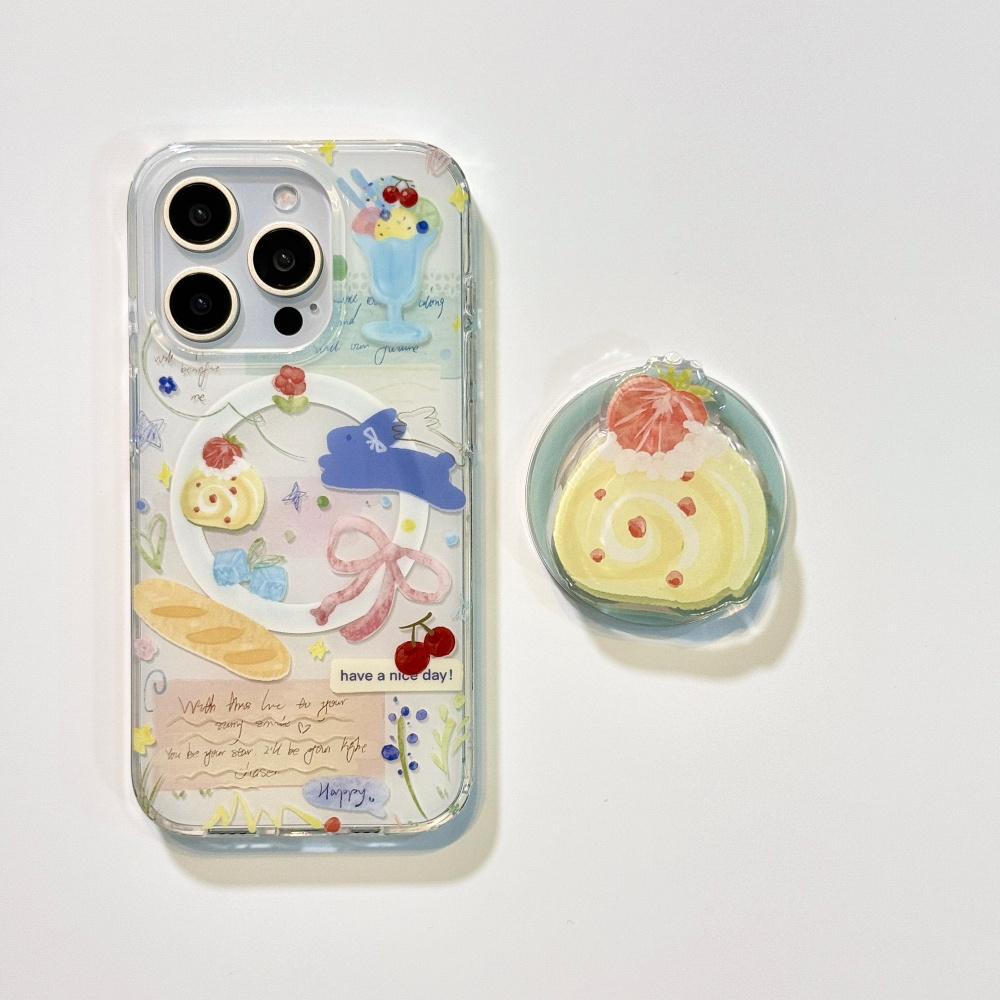兔子草莓瑞士卷插画苹果iphone16pm双层15磁吸14支架13可爱手机壳