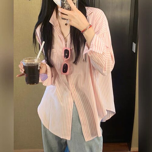 2026春通勤粉色条纹长袖衬衫