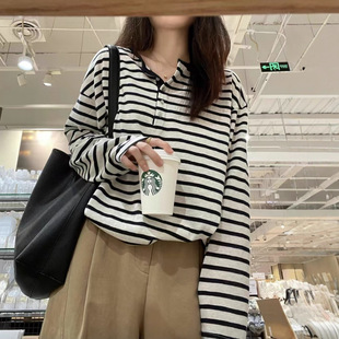 宽松慵懒风条纹T恤女早秋穿搭韩系chic别致高级感松弛感长袖上衣