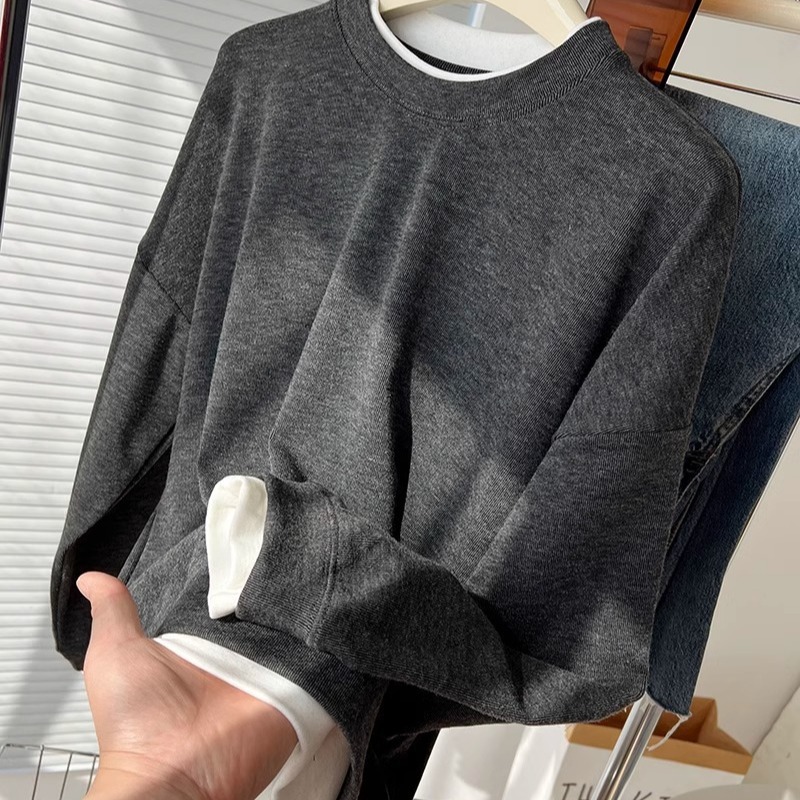 叠穿加绒假两件卫衣女2023秋冬宽松拼接圆领保暖休闲百搭学生上衣