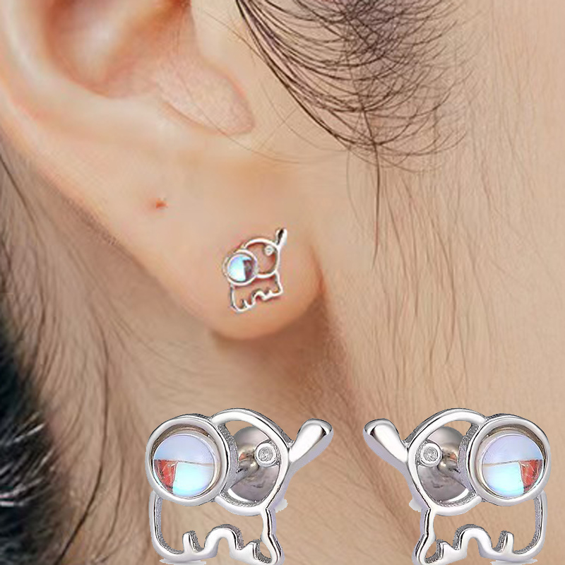 大象镶嵌宝石超闪耳钉银的