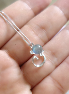 颗颗带光月光石银猫项链