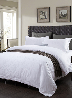 酒店宾馆专用布草四件套纯白色60支纯棉全棉贡缎提花被套床上用品