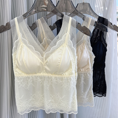 米娅林8500新款法式性感蕾丝吊带女美背乳胶带胸垫免穿文胸打底