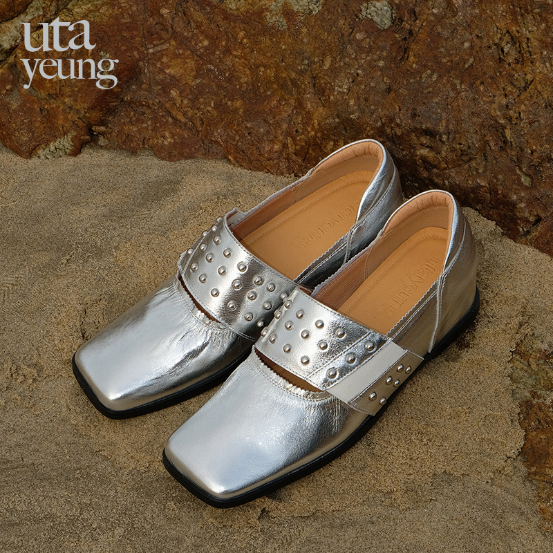 银色古铜色皱褶内增高芭蕾舞鞋