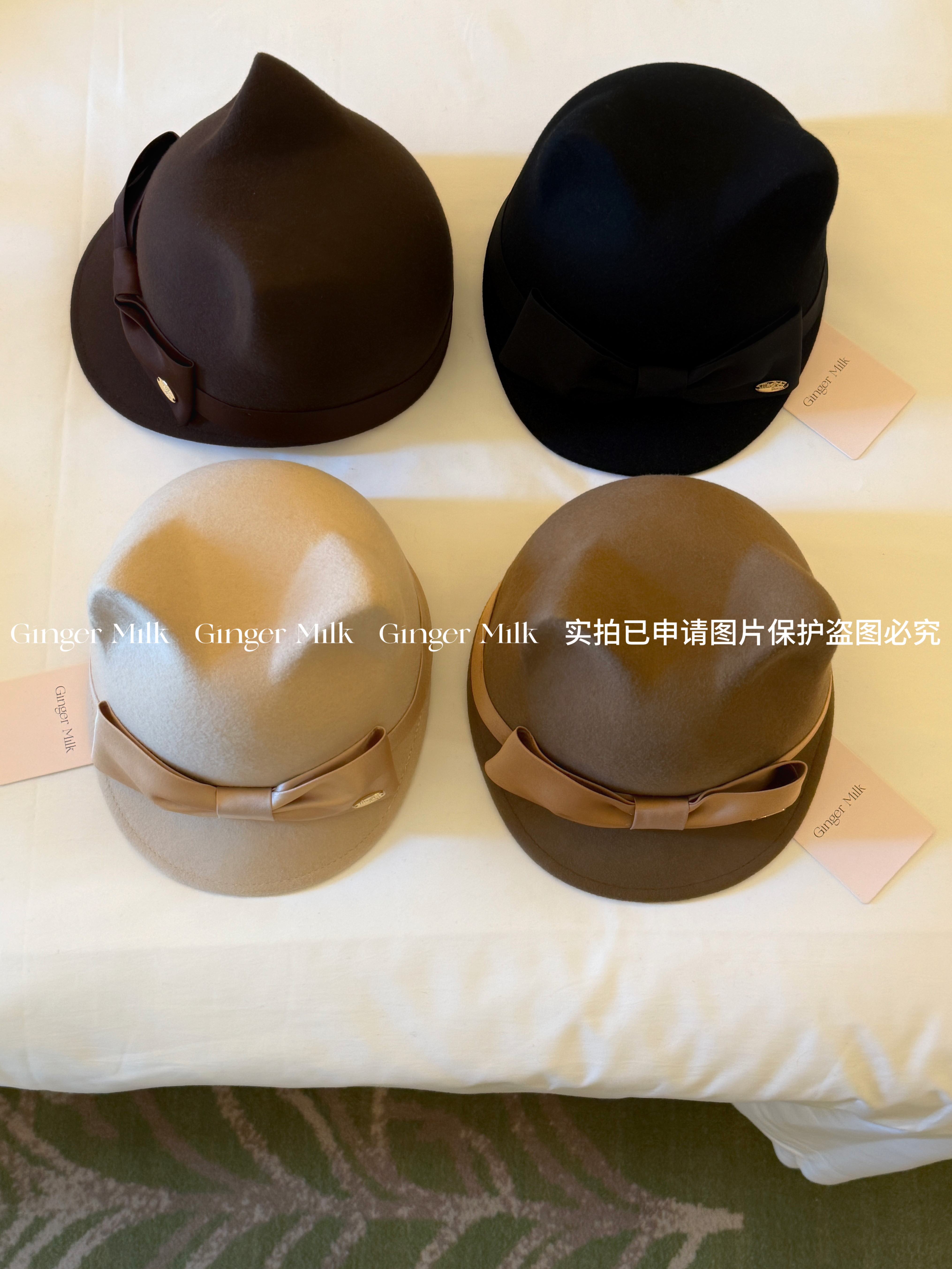 GingerMilk秋冬新 d制羊毛定型猫耳帽蝴蝶结淑女千金博主同款图片