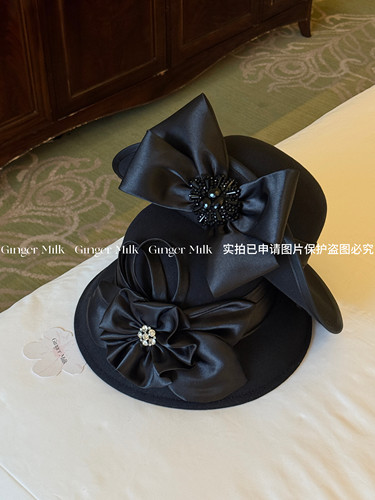 GingerMilk新品 璀璨之夜三版本黑色蝴蝶结礼帽夸张优雅舞会盆帽