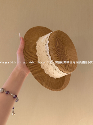 GingerM 宅女同款蕾丝花边草帽女夏平顶平檐遮阳爆款百搭法式帽
