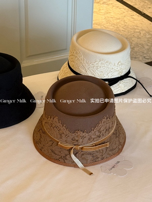 GingerMilk新品 100%羊毛日系优雅蕾丝蝴蝶结渔夫帽秋冬盆帽